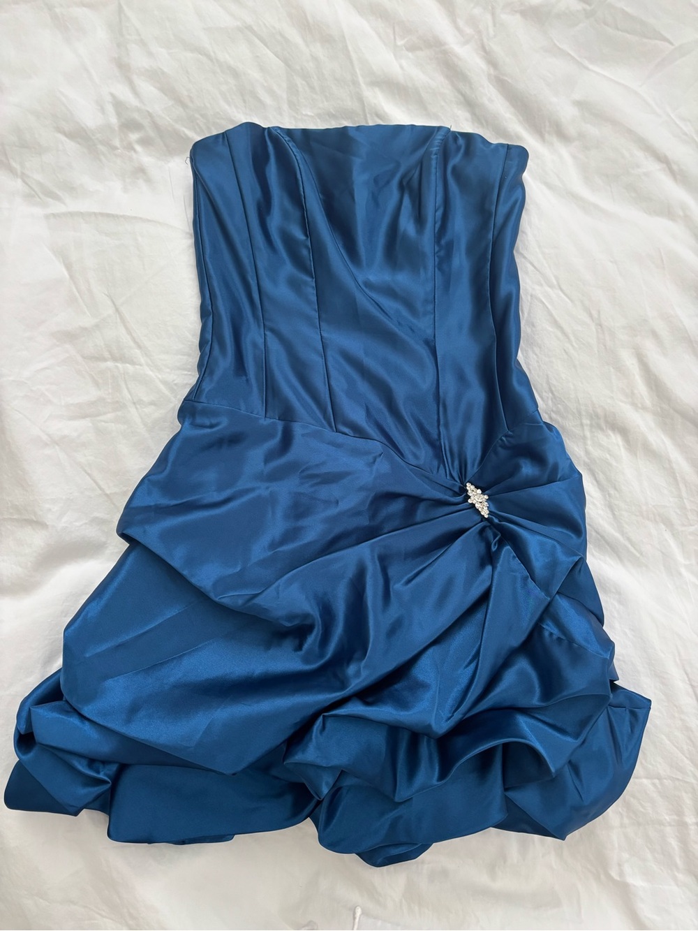 Jessica McClintock Strapless Sapphire Blue Satin Cocktail Dress with Side Accent